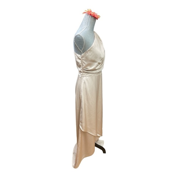 TFNC Bridesmaid satin one shoulder maxi dress with wrap skirt in champagne brown - Picture 2 of 11